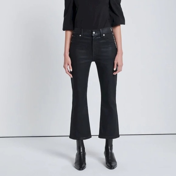 7 For All Mankind Slim Kick High Rise Cropped Flare Jeans in Coated Black sz 31 - Picture 4 of 15